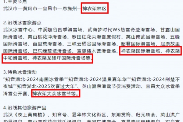 宜昌和神农架滑雪场在文化和旅游部办公厅推荐的12条冰雪旅游线路中