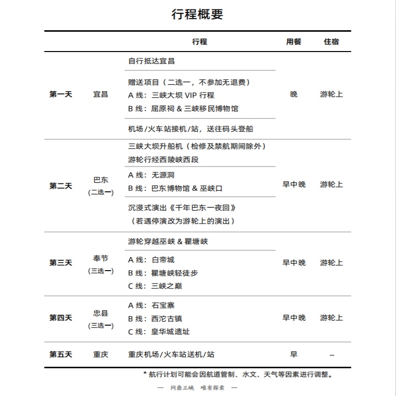 长江探索宜昌-巴东-重庆五天四夜行程